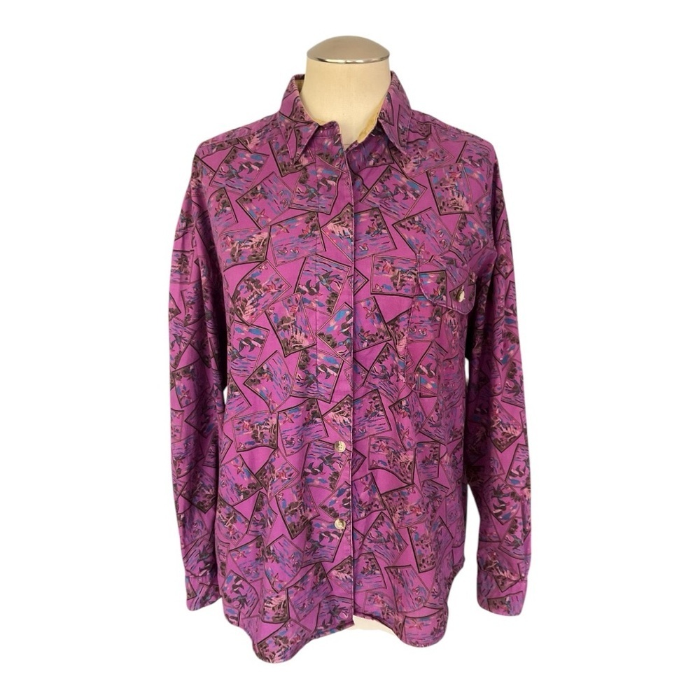 Vintage Kyoto Kasuals Button Up Shirt Pink Scenic Print 80s Cotton